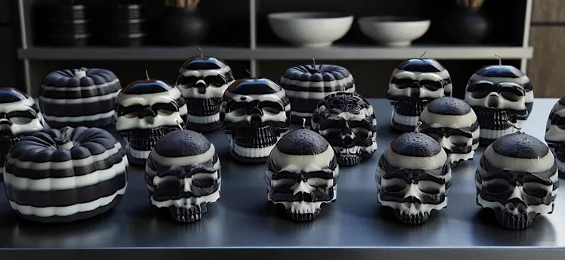Halloween skull candles and pumpkins