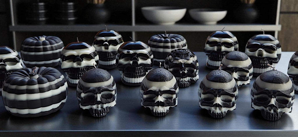 Ebony & Ivory Halloween skull candles and pumpkins. The beauty of black and white.