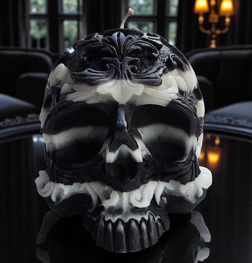Ebony & Ivory Halloween skull candles and pumpkins. The beauty of black and white.