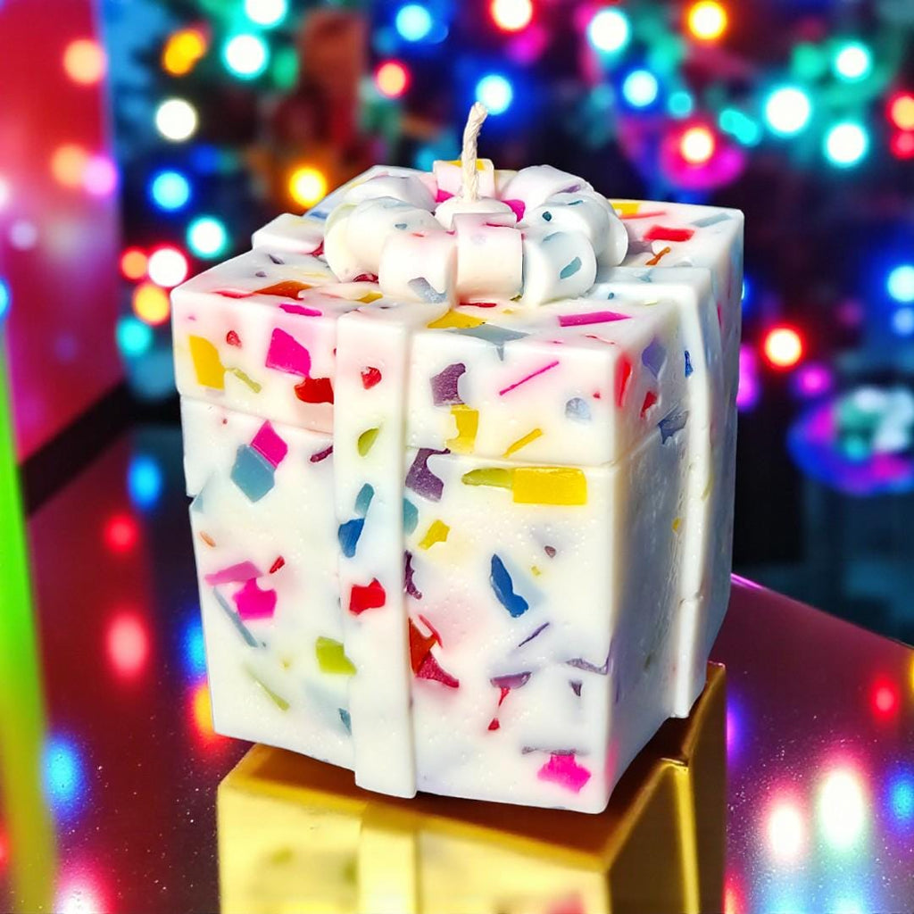 Bejeweled Gift Box Candle, Hand-Cut Wax Jewels, Holiday Decor