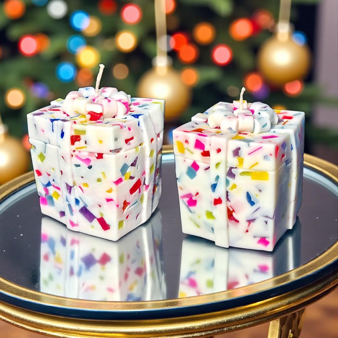 Bejeweled Gift Box Candle, Hand-Cut Wax Jewels, Holiday Decor