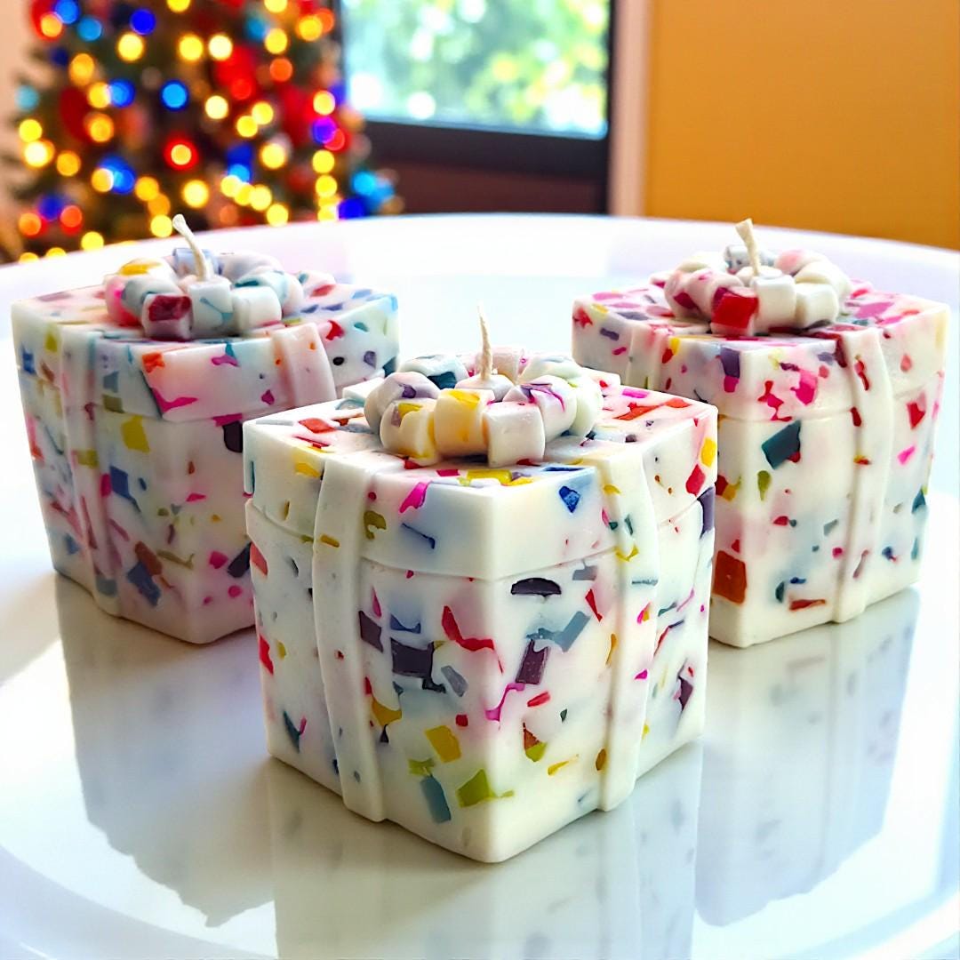 Bejeweled Gift Box Candle, Hand-Cut Wax Jewels, Holiday Decor