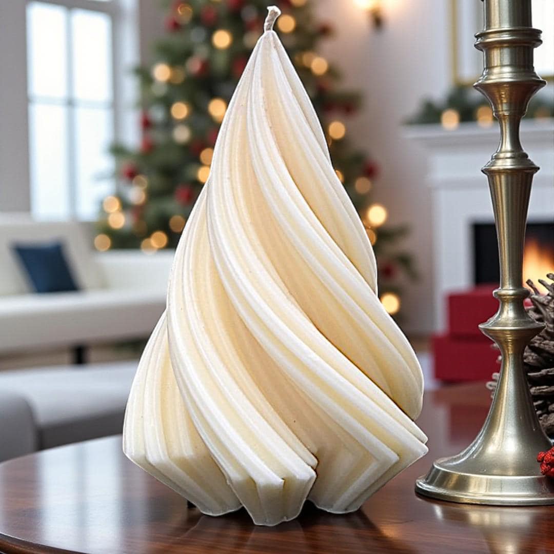 Unique Large Spiral Tree Candle: Whites & Festive Rainbow Lights - White Christmas 2025