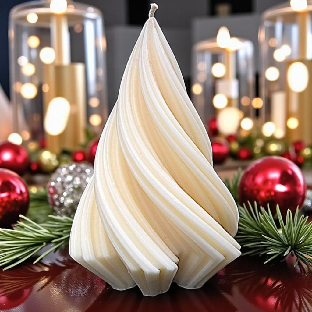 Unique Large Spiral Tree Candle: Whites & Festive Rainbow Lights - White Christmas 2025