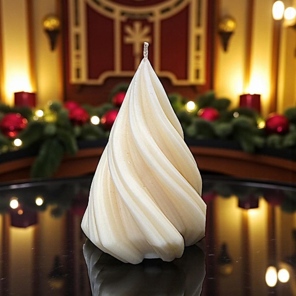 Small Spiral Christmas Tree Candle: Scented, White and with Jewel Tones
