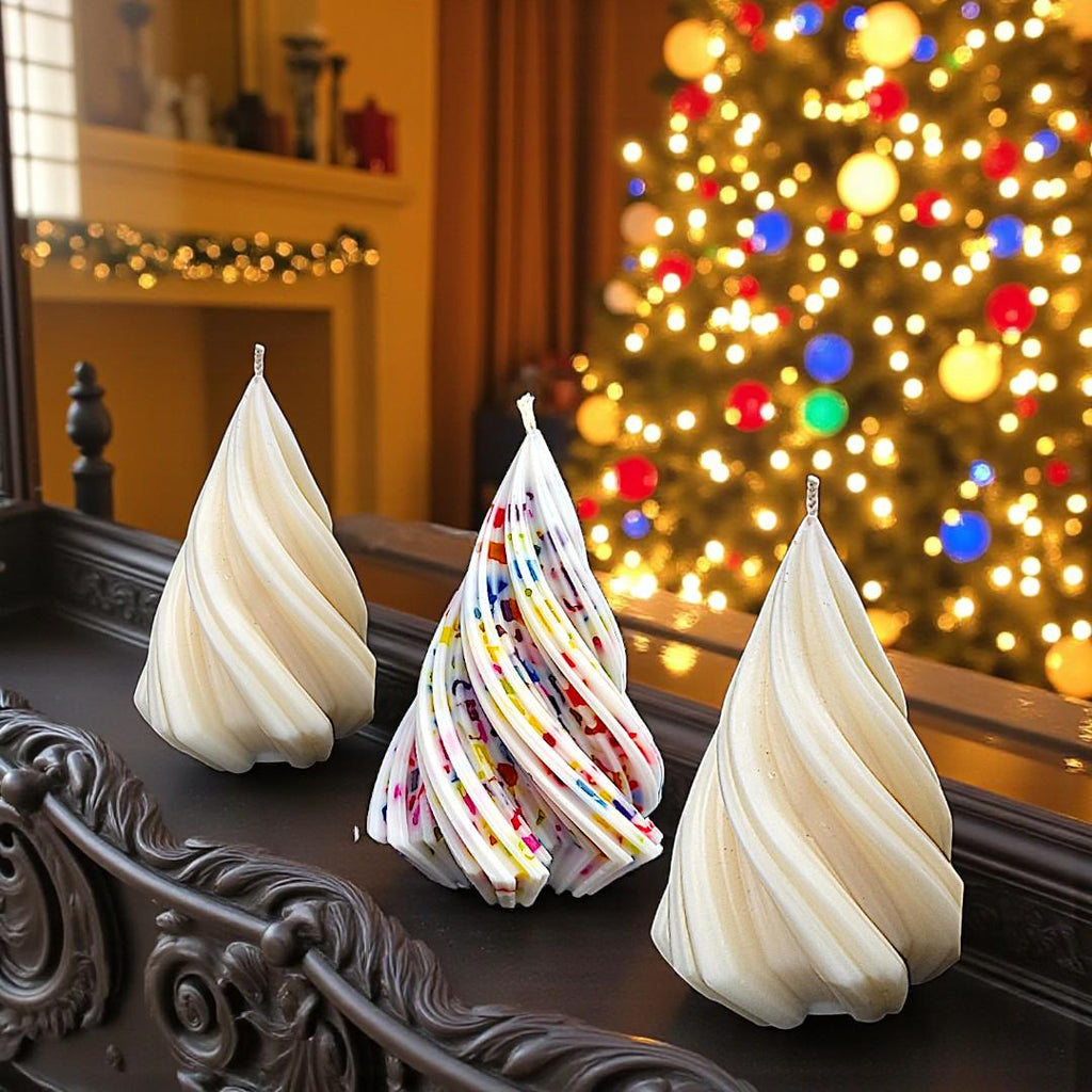 Small Spiral Christmas Tree Candle: Scented, White and with Jewel Tones