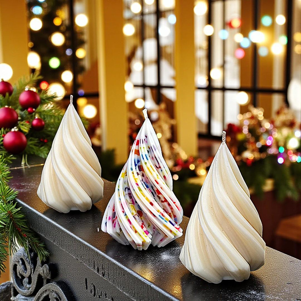 Small Spiral Christmas Tree Candle: Scented, White and with Jewel Tones