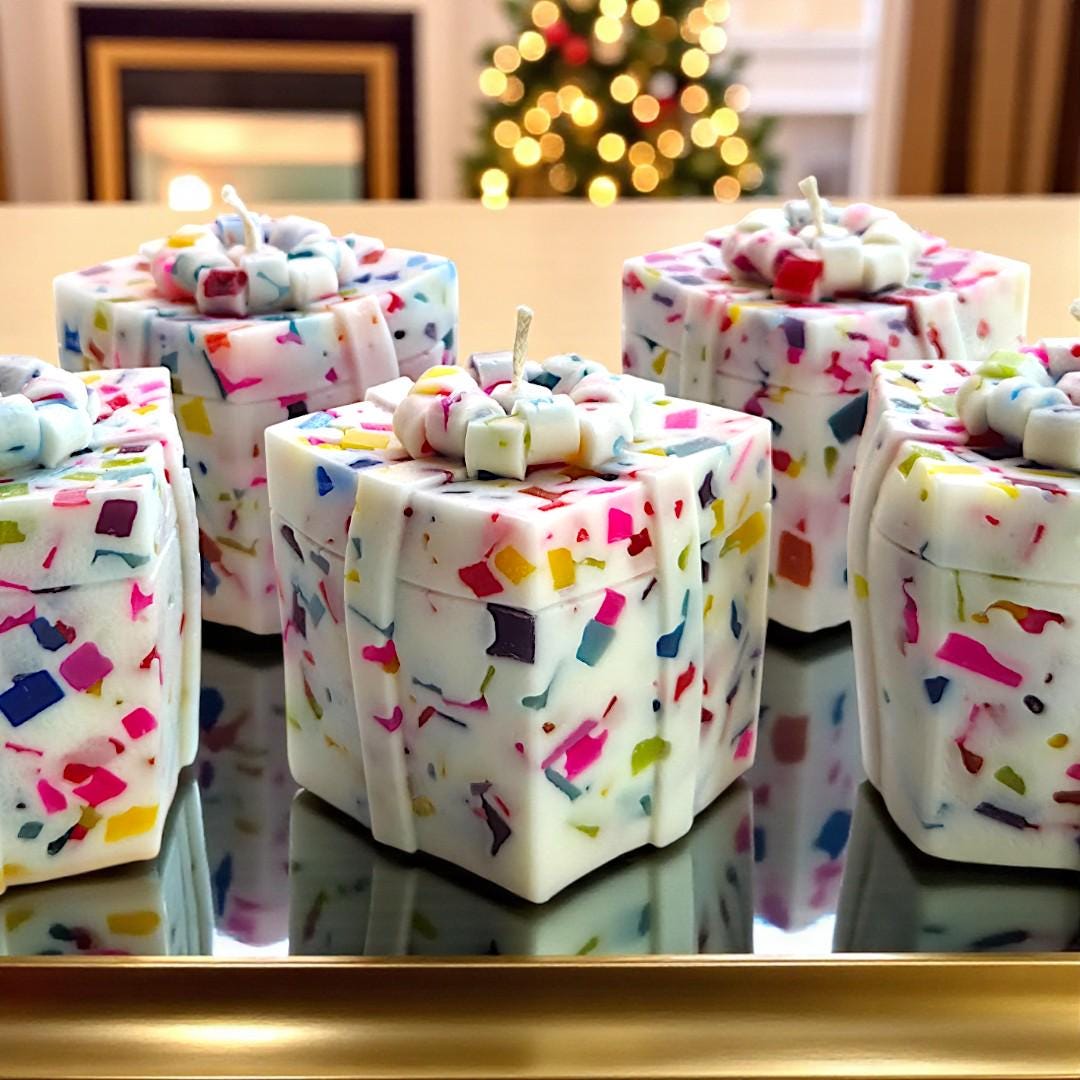 Bejeweled Gift Box Candle, Hand-Cut Wax Jewels, Holiday Decor