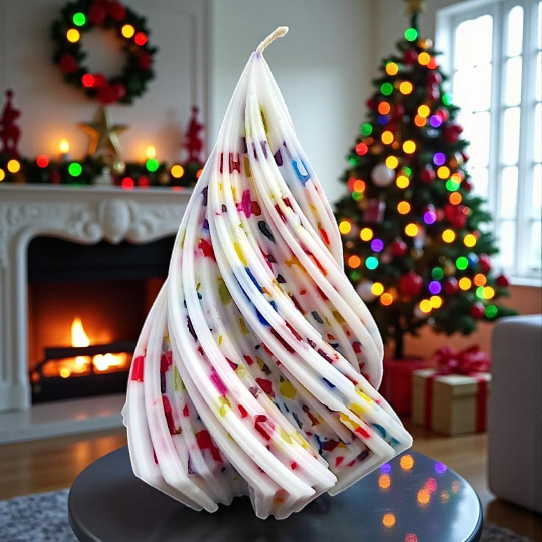 Unique Large Spiral Tree Candle: Whites & Festive Rainbow Lights - White Christmas 2025