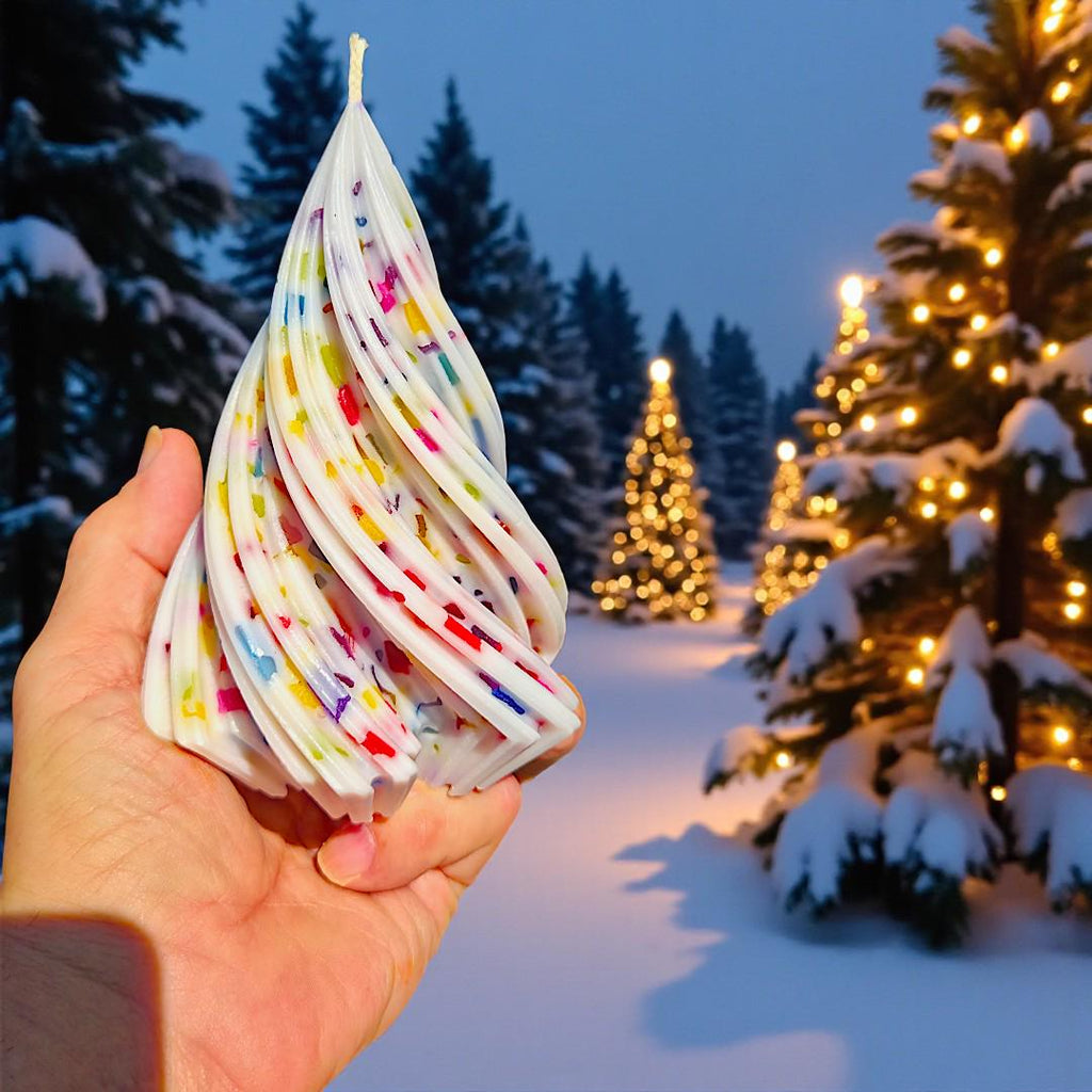 Unique Large Spiral Tree Candle: Whites & Festive Rainbow Lights - White Christmas 2025