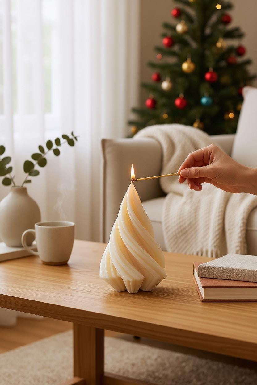 Small Spiral Christmas Tree Candle: Scented, White and with Jewel Tones