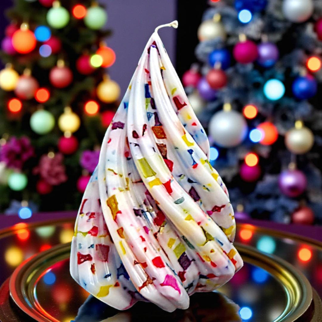Small Spiral Christmas Tree Candle: Scented, White and with Jewel Tones