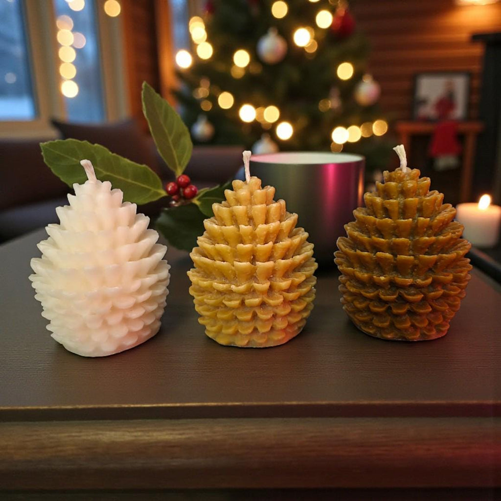 Festive Pine Cone Candles: Rustic Christmas Glow, Set of 3