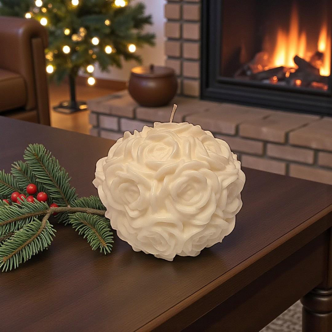 Large White Rose Ball Candle Table Centerpiece