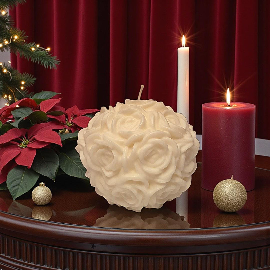 Large White Rose Ball Candle Table Centerpiece