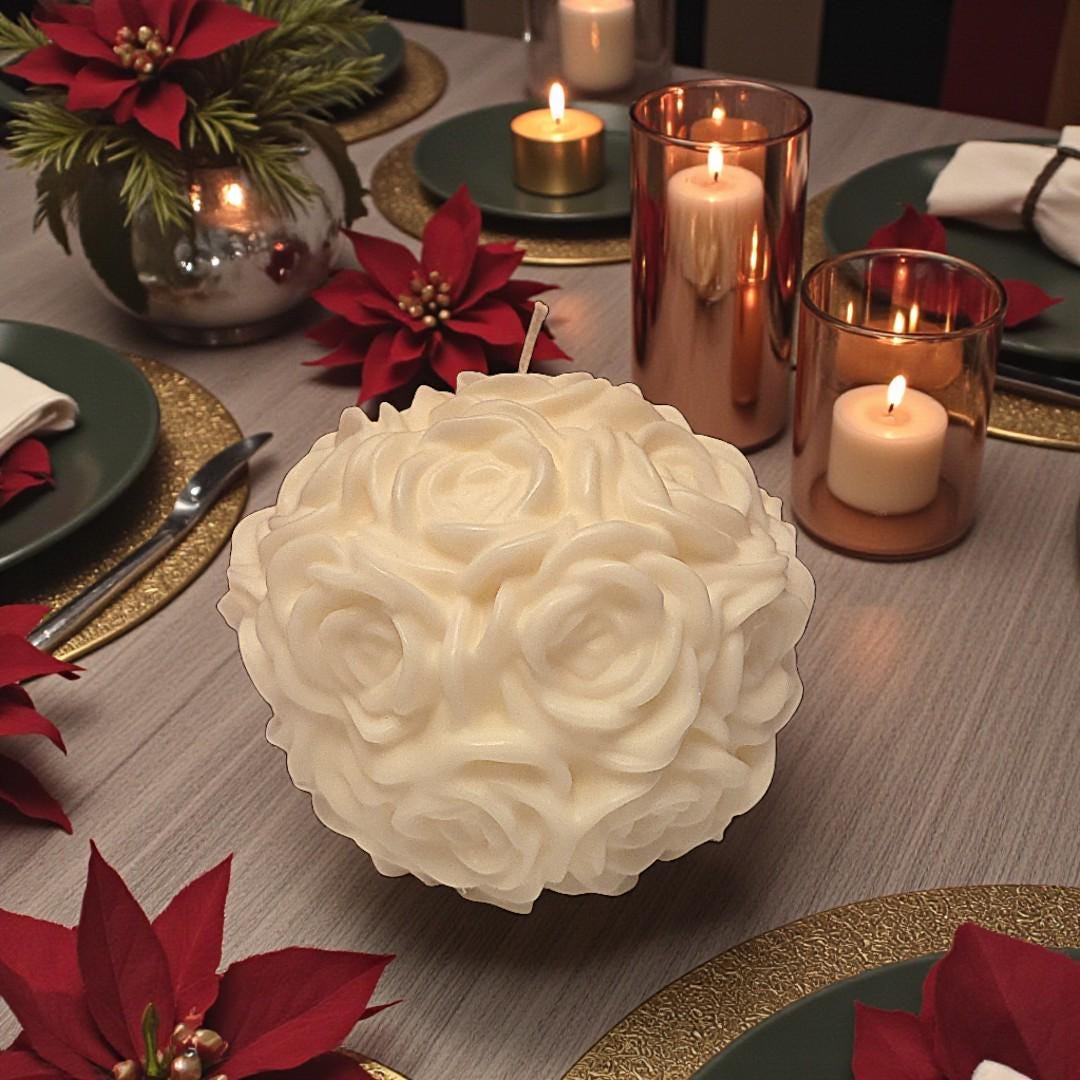 Large White Rose Ball Candle Table Centerpiece