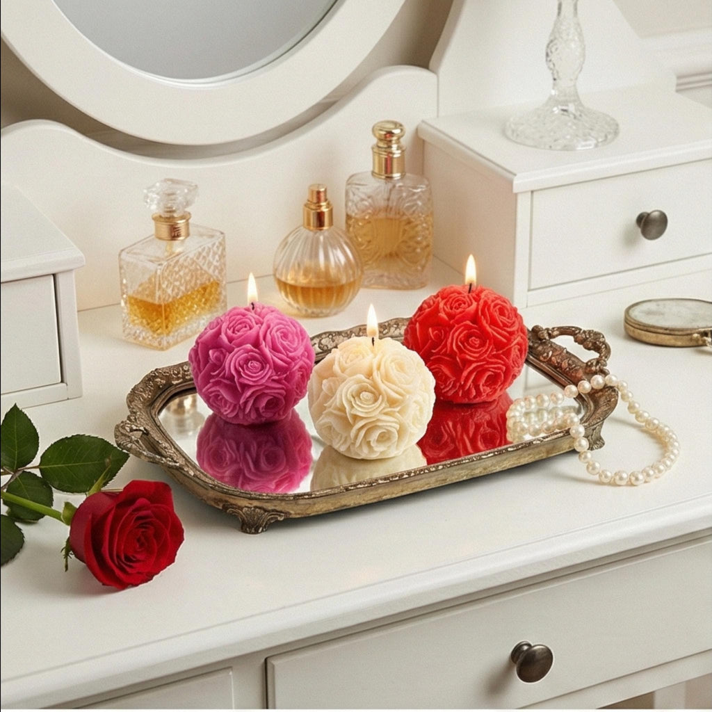 Miniature Rose Ball Candles Set - Floral Scented Decor, Valentine's Gift w/Optional Deluxe Gift Box