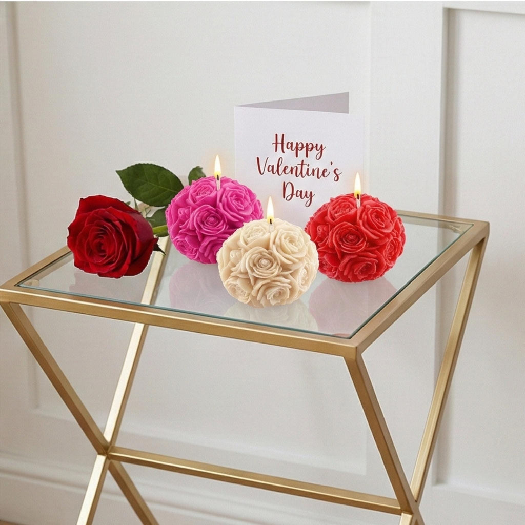Miniature Rose Ball Candles Set - Floral Scented Decor, Valentine's Gift w/Optional Deluxe Gift Box