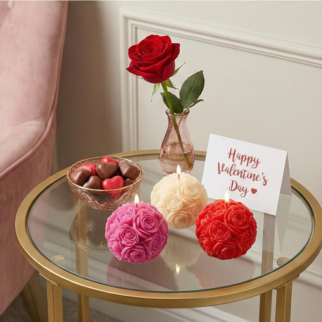 Miniature Rose Ball Candles Set - Floral Scented Decor, Valentine's Gift w/Optional Deluxe Gift Box
