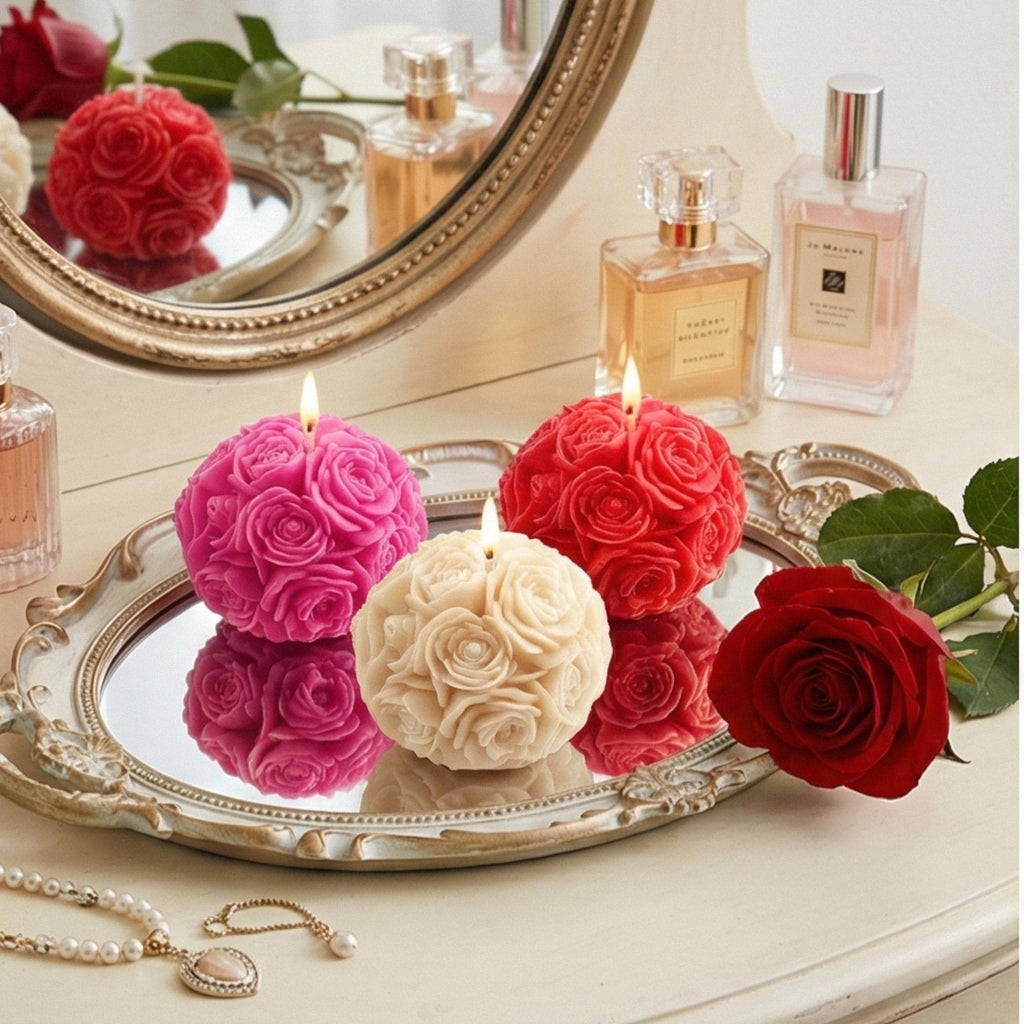 Miniature Rose Ball Candles Set - Floral Scented Decor, Valentine's Gift w/Optional Deluxe Gift Box
