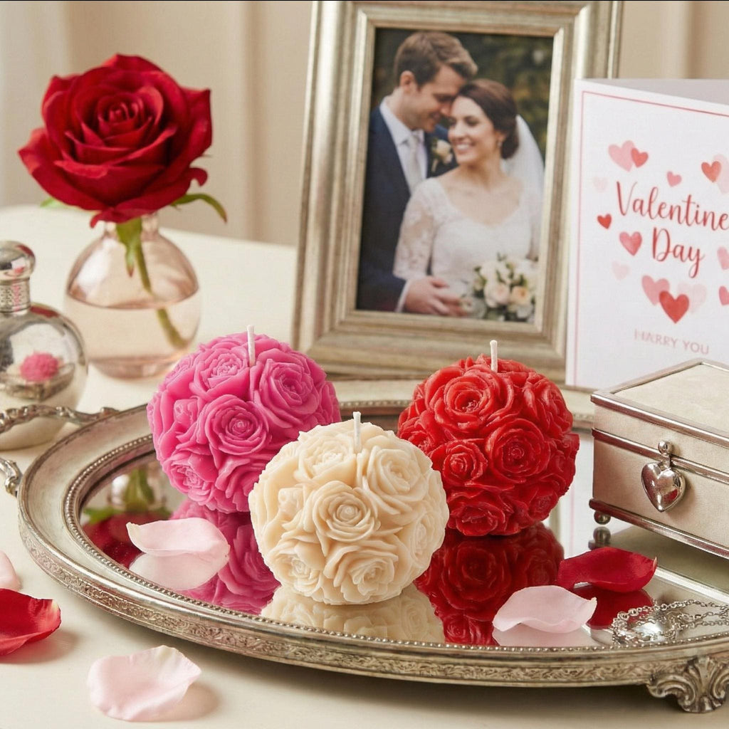 Miniature Rose Ball Candles Set - Floral Scented Decor, Valentine's Gift w/Optional Deluxe Gift Box