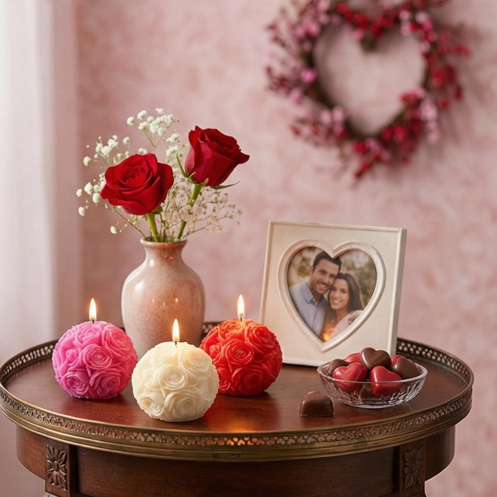 Miniature Rose Ball Candles Set - Floral Scented Decor, Valentine's Gift w/Optional Deluxe Gift Box