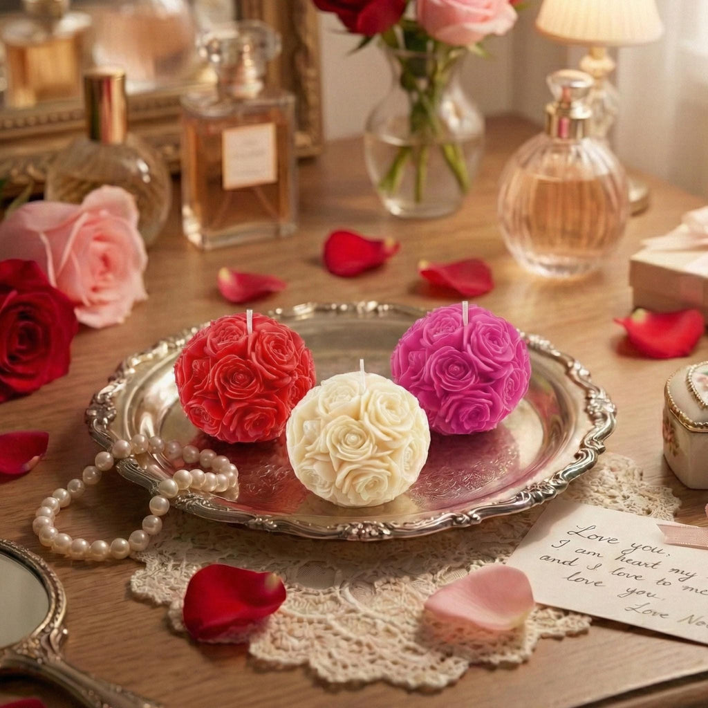 Miniature Rose Ball Candles Set - Floral Scented Decor, Valentine's Gift w/Optional Deluxe Gift Box