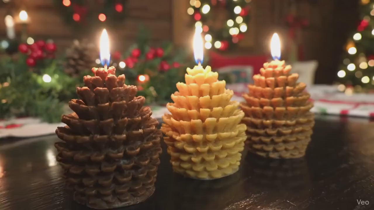 Festive Pine Cone Candles: Rustic Christmas Glow, Set of 3